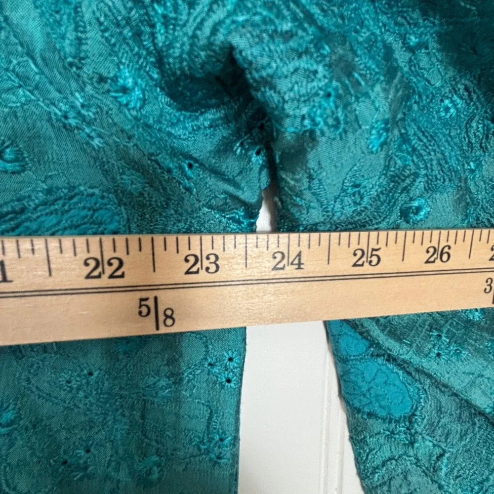 Vintage Chico's Teal Floral Button Up Blouse L Butterfly Silk Artsy Boho Retro - Picture 7 of 10